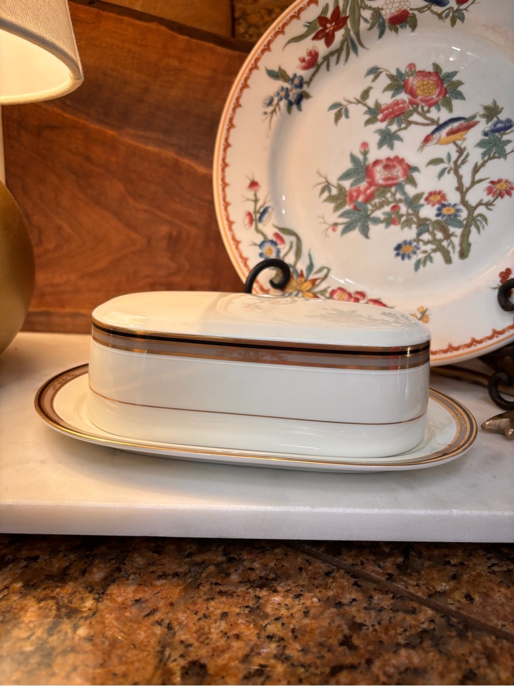 Vintage Mikasa Lido Ebony-Gold Fine China Covered Butter Dish & Underplate